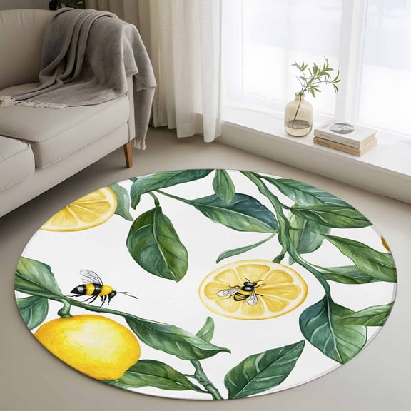 Summer Lemon Round Rugs for Living Room 4ft Slice Bee Sage Green Leaves Non Slip Circle Rug Washable Low-Profile Indoor Carpet for Bedroom, Dining Room, Bathroom