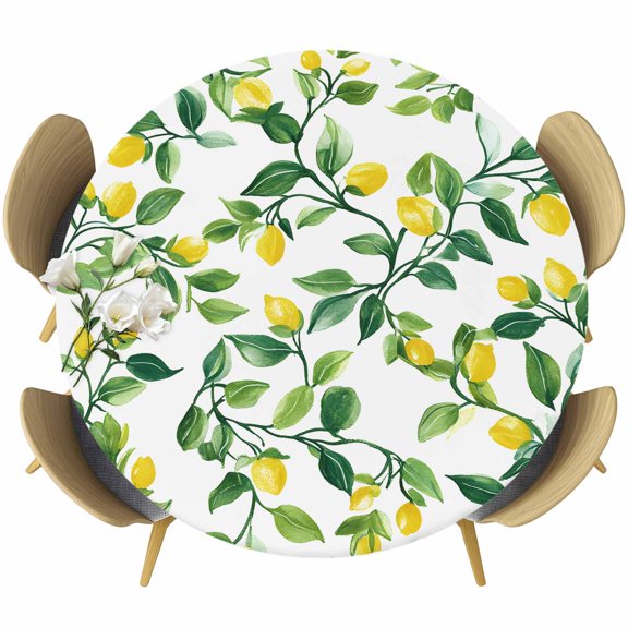 Summer Lemon Round Tablecloth 36-44 Inch Round Fitted Table Cloth with Elastic Edge, Modern Yellow Fruit Green Plant Leaf Waterproof Table Cover Protector for Outdoor Picnic Party Dining