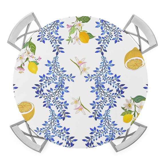 Summer Lemon Round Tablecloth for 36-44 Inch Tables, Fitted Table Cover with Elastic Edge, Navy Blue Spring Floral Botanical Waterproof Outdoor Table Cloth Protector for Patio Garden Dinner Picnic