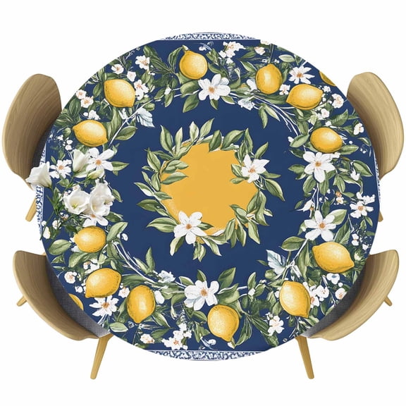 Summer Lemon Round Tablecloth 45-54 Inch Round Fitted Table Cloth with Elastic Edge, Blue Pastoral Floral Spring Botanical Waterproof Table Cover Protector for Outdoor Picnic Party Dining