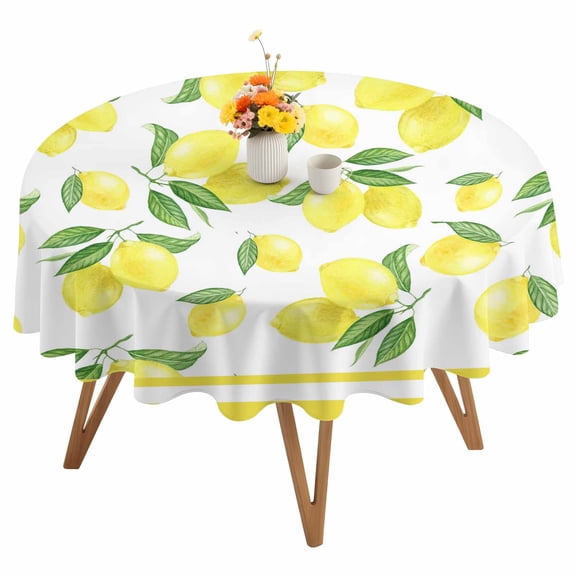 Summer Lemon Round Tablecloth 54 inches Fruit Farmhouse Leaf Yellow Edge Waterproof Oil-Proof Table Cloth Round Table Cover for Holiday Party Picnic Dinner Decor Indoor and Outdoor Use