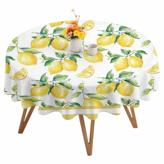 Summer Lemon Round Tablecloth 54 inches Watercolor Fruit Leaf Yellow Edge Waterproof Oil-Proof Table Cloth Round Table Cover for Holiday Party Picnic Dinner Decor Indoor and Outdoor Use