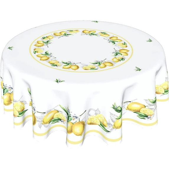 Summer Lemon Round Tablecloth 60 Inch Watercolor Lemon Yellow White Table Cloth Rustic Farmhouse Polyester Table Cover Decorative for Holiday Picnic Party Dining Room Home Indoor Outdoor Decor