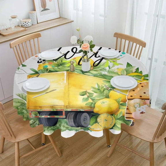 Summer Lemon Round Tablecloth 60 Inch - Waterproof Fabric Table Cloth Protector, Yellow Fruits Teal Botanical Gnomes Tablecloths Washable Table Cover for Kitchen Banquet Coffee Table Party