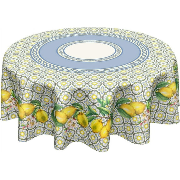 Summer Lemon Round Tablecloth 60 Inch Yellow Lemon Bohemia Floral French Country Table Cloth Rustic Farmhouse Washable Polyester Table Cover for Kitchen Dining Room Party Indoor Outdoor Home Decor