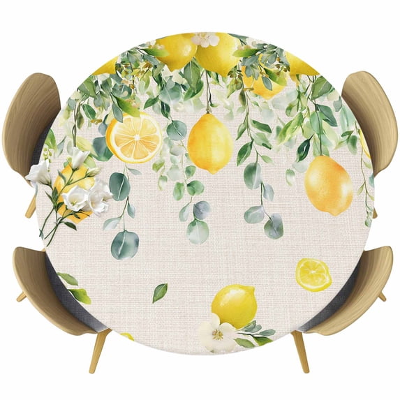 Summer Lemon Round Tablecloth, Fitted Table Cover with Elastic for 45"-54" Round Tables, Eucalyptus Flower Leaf Retro Botanical Table Cloth Outdoor Indoor Dinning Party Waterproof Tablecloths