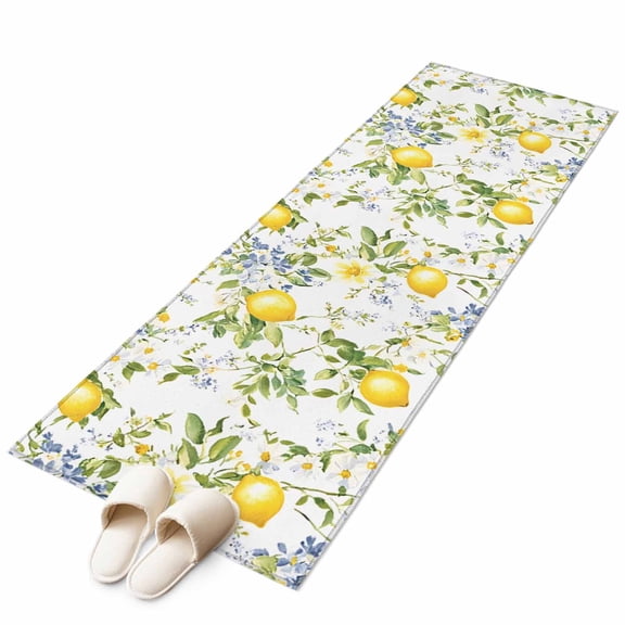 Summer Lemon Runner Rug 2x6 FT, Non Slip Hallway Carpet, Watercolor Yellow Spring Floral Botanical Washable Soft Floor Carpet Throw Runner Carpet Long Rug for Entryway Kitchen Bedside Sliding Door