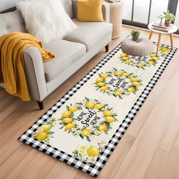 Summer Lemon Runner Rug 2x6 FT,Non Slip Hallway Rugs,Yellow Botanical Checkered Farmhouse Buffalo Washable Soft Floor Carpet Throw Runner Carpet Long Rugs for Entryway Kitchen Bedside Sliding Door