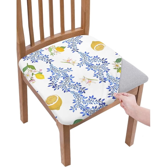Summer Lemon Seat Covers for Dining Room Chairs Covers, Office Chair Seat Cover, Navy Blue Spring Floral Botanical Chair Slipcovers Stretch Cushion Protector for Kitchen Banquet Set of 6