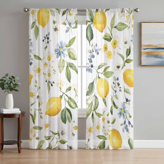 Summer Lemon Semi Sheer Curtains 63 Inch Length 2 Panels Set, Yellow Botanical Spring Floral Blue Sheer Kitchen Curtain Privacy Voile Window Curtain for Living Room Bedroom Rod Pocket Drapes