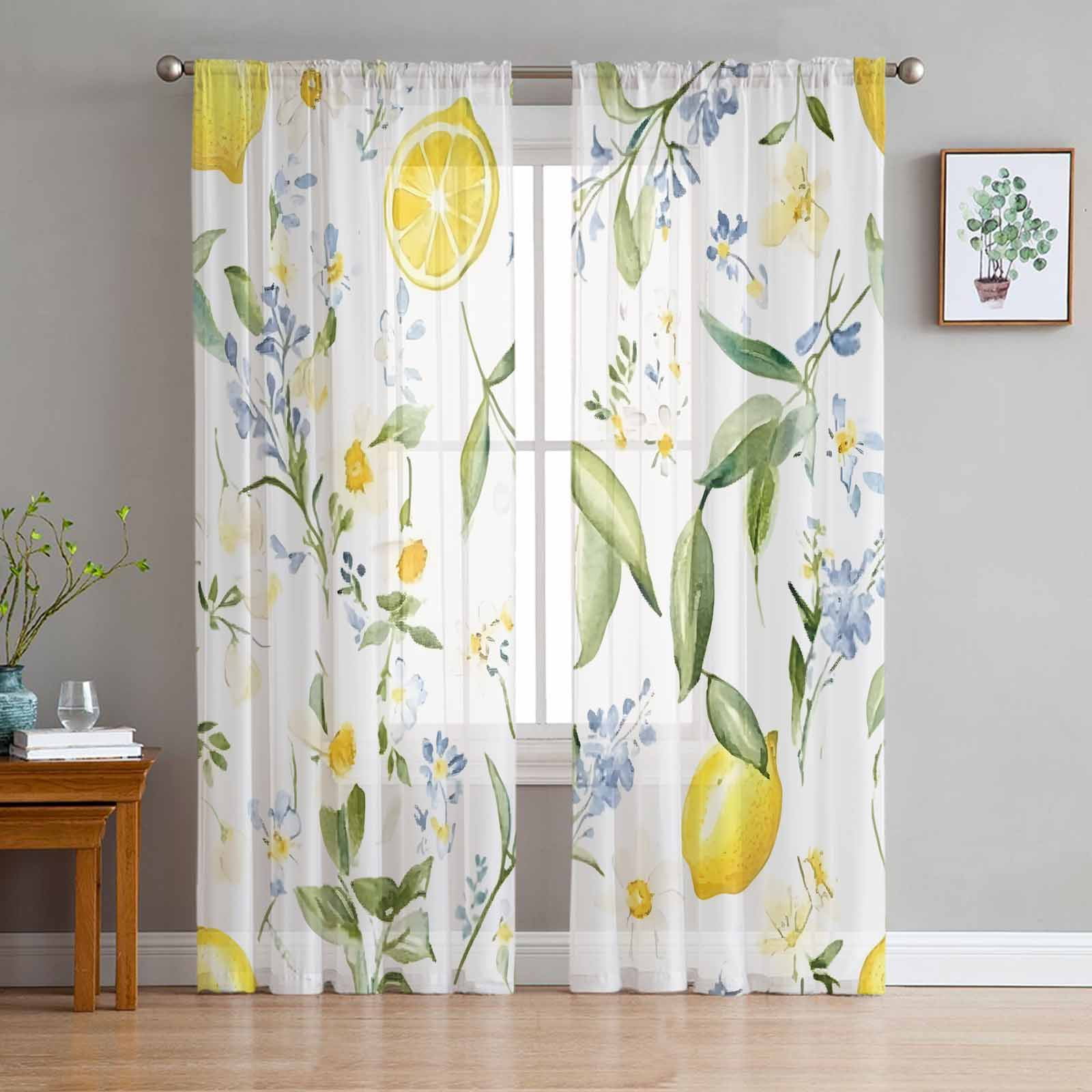 Summer Lemon Sheer Curtains 108 Inch Length 2 Panels Set for Living ...