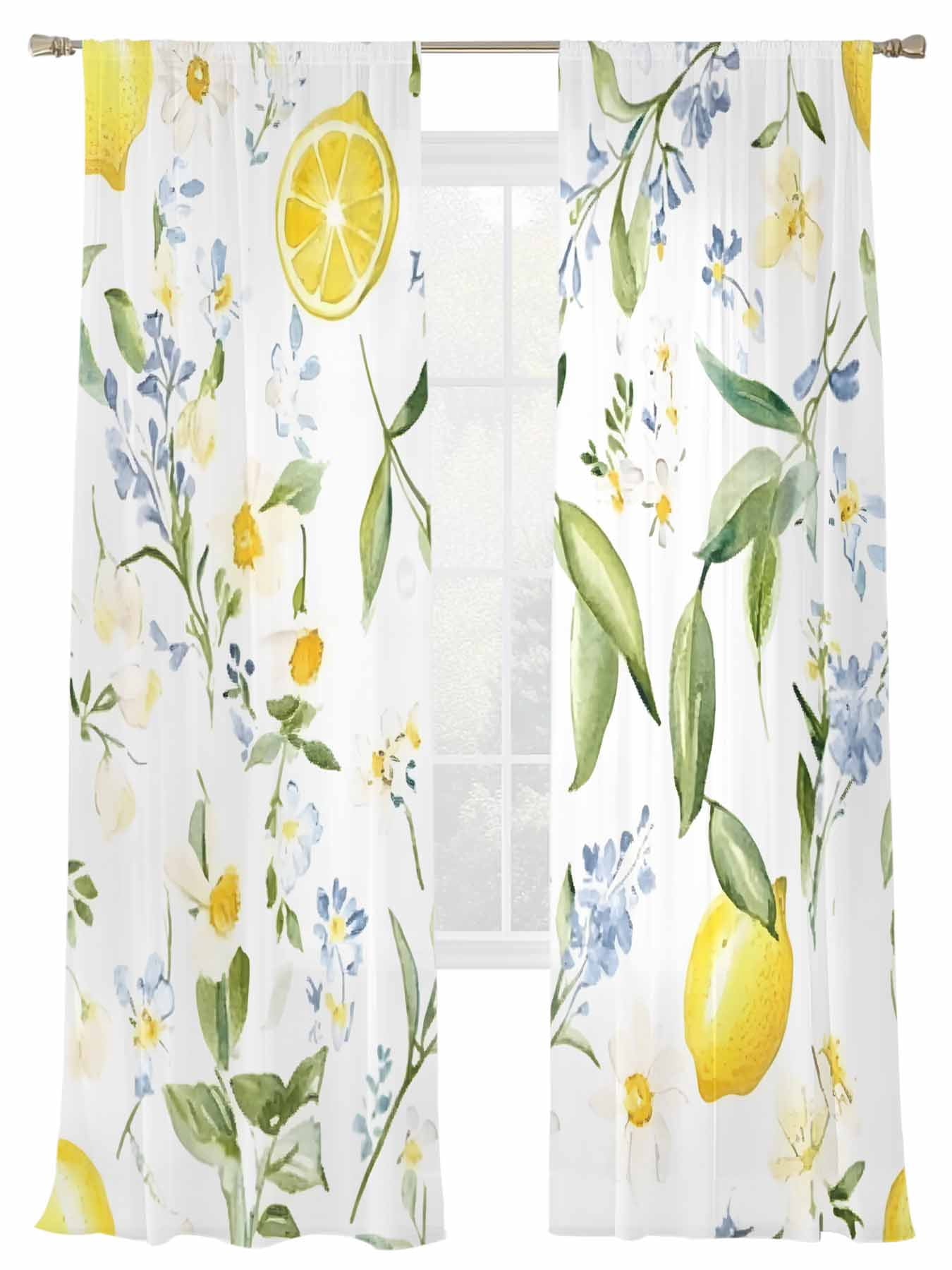 Summer Lemon Sheer Curtains 2 Panels Set with Green Leaf Blue Flowers ...