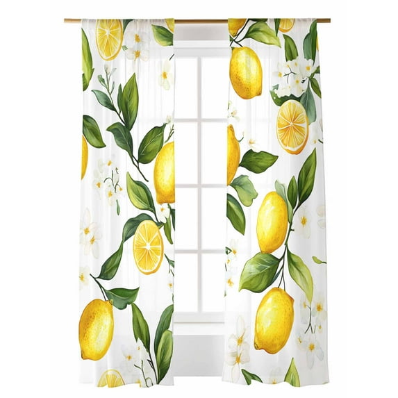 Summer Lemon Sheer Curtains 2 Panels Set Leaf Yellow Fruit Countryside Watercolor Flower Lihgt Filtering Rod Pocket Voile Drape, Semi Sheer Window Curtains for Bedroom Living Room, 52"x84"