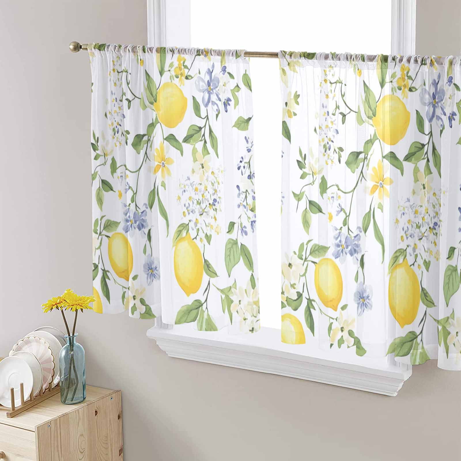 Summer Lemon Sheer Curtains 45 Inch Length 2 Panels Set for Living Room ...