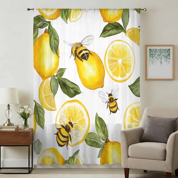 Summer Lemon Sheer Curtains 45 Inches Long, Bee Green Botanical Yellow Fruits Light Filering Curtains, Breathable Simi Curtain Privacy Drapes for Kitchen Bathroom Lightweight Small Window Treatment