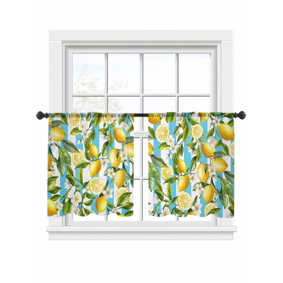 Summer Lemon Sheer Curtains 54 Inch Length 2 Panels Set, Semi Transparent Voile Rod Pocket Curtains for Living Dining Room Bedroom Drapes Yellow Green Watercolor Botanical Aqua Striped