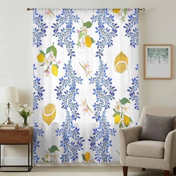 Summer Lemon Sheer Curtains 54 Inches Long, Navy Blue Spring Floral Botanical Light Filering Curtains, Breathable Simi Curtain Privacy Drapes for Kitchen Bathroom Nursery Small Window Treatment