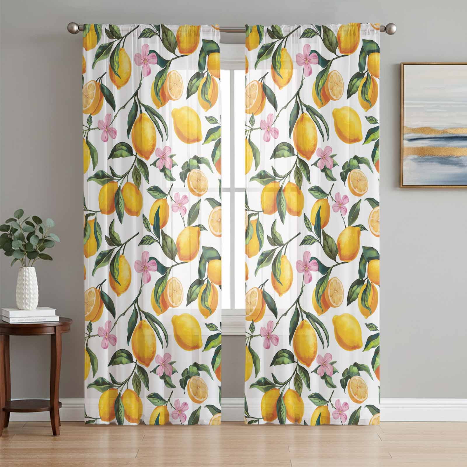 Summer Lemon Sheer Curtains 63 Inch Length 2 Panels Set, Farmhouse ...