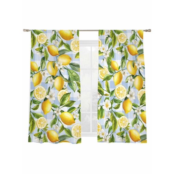Summer Lemon Sheer Curtains 63 Inch Length 2 Panels Set, Semi Transparent Voile Rod Pocket Curtains for Living Dining Room Bedroom Drapes Yellow Green Watercolor Botanical Blue Plaid