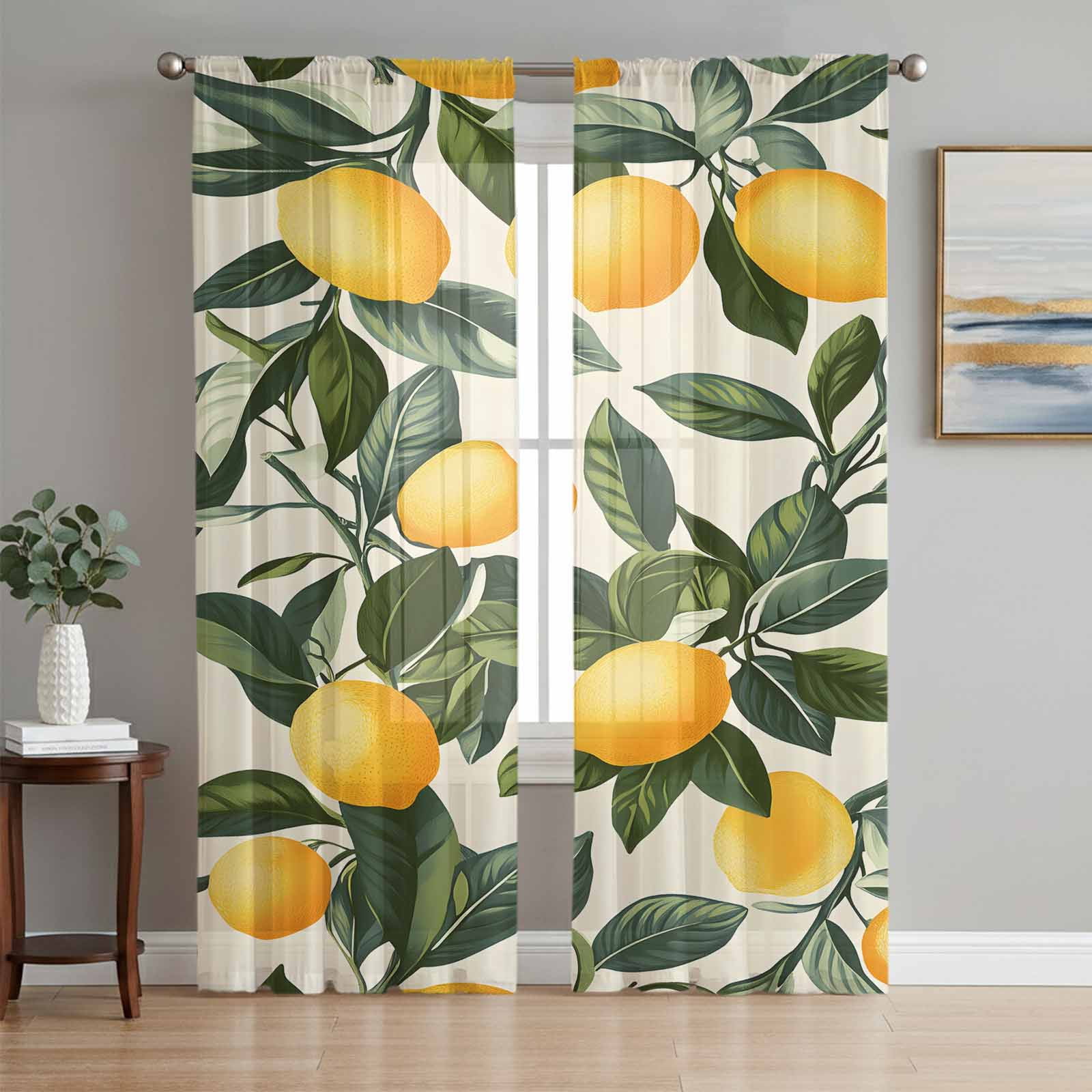 Summer Lemon Sheer Curtains 63 Inch Length 2 Panels Set, Watercolor ...