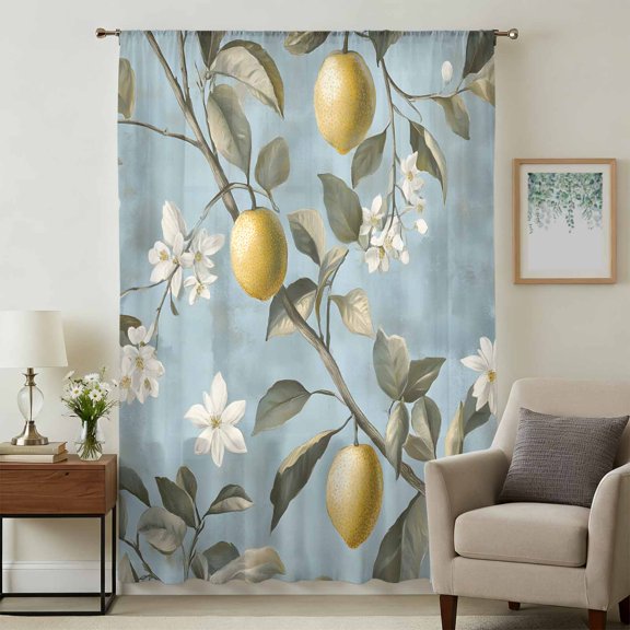 Summer Lemon Sheer Curtains 63 Inches Long, Botanicals Floral Leaf Watercolor Blue Light Filering Curtains, Breathable Simi Curtain Privacy Drapes for Living Room Bedroom Lightweight Window Treatment