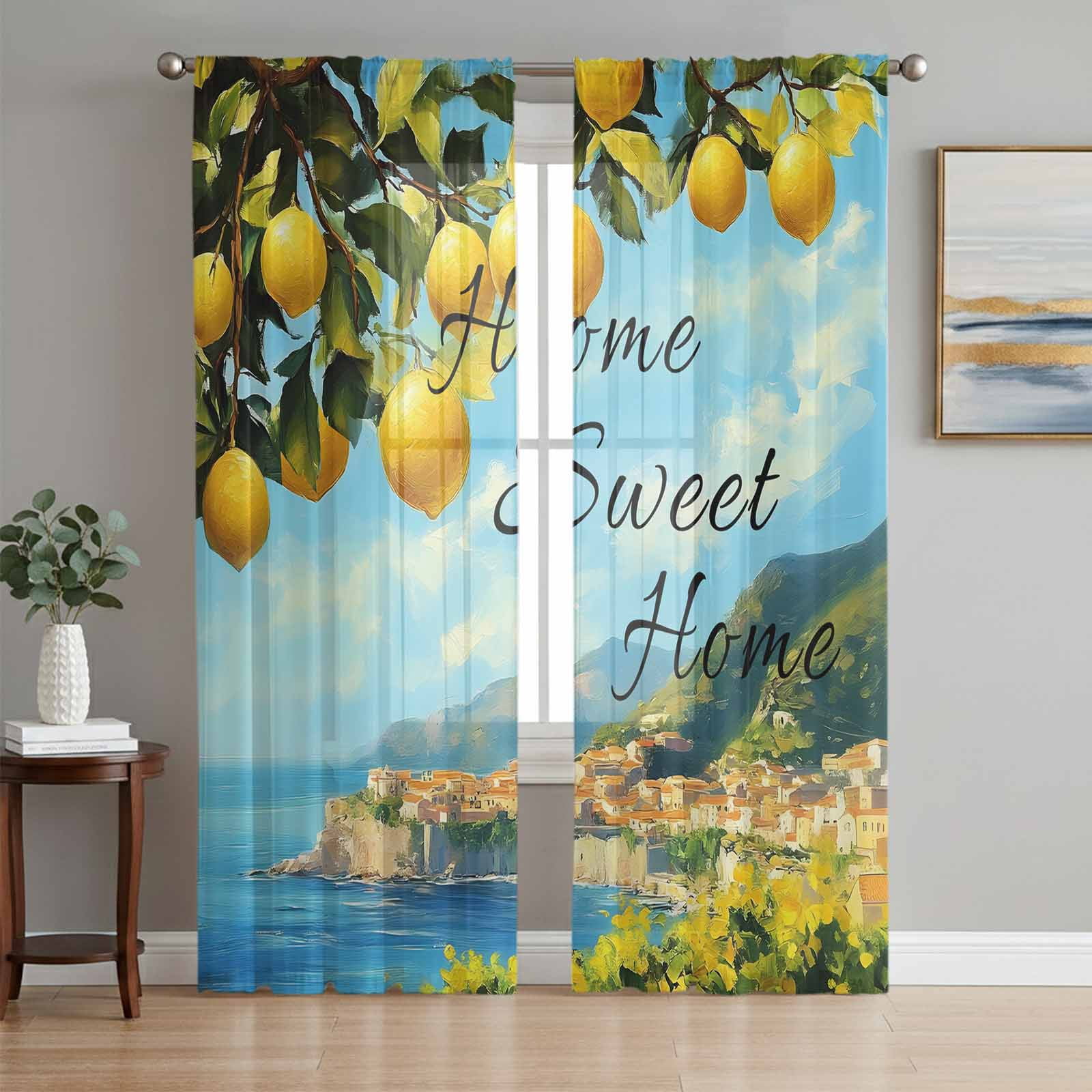 Summer Lemon Sheer Curtains 72 Inch Length 2 Panels Set, Coastal Beach ...