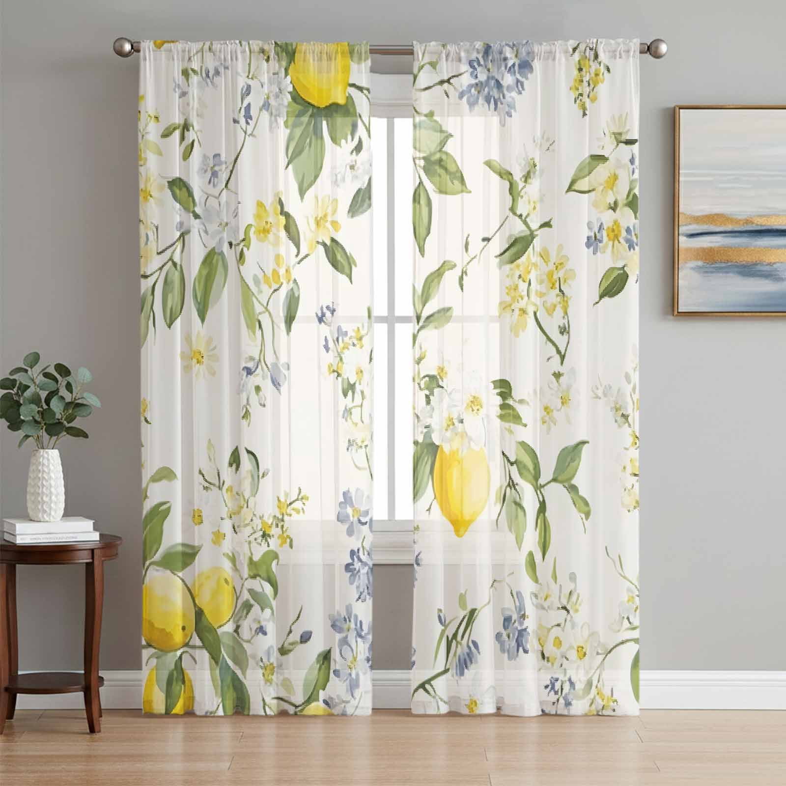 Summer Lemon Sheer Curtains 72 Inch Length 2 Panels Set, Yellow Spring ...