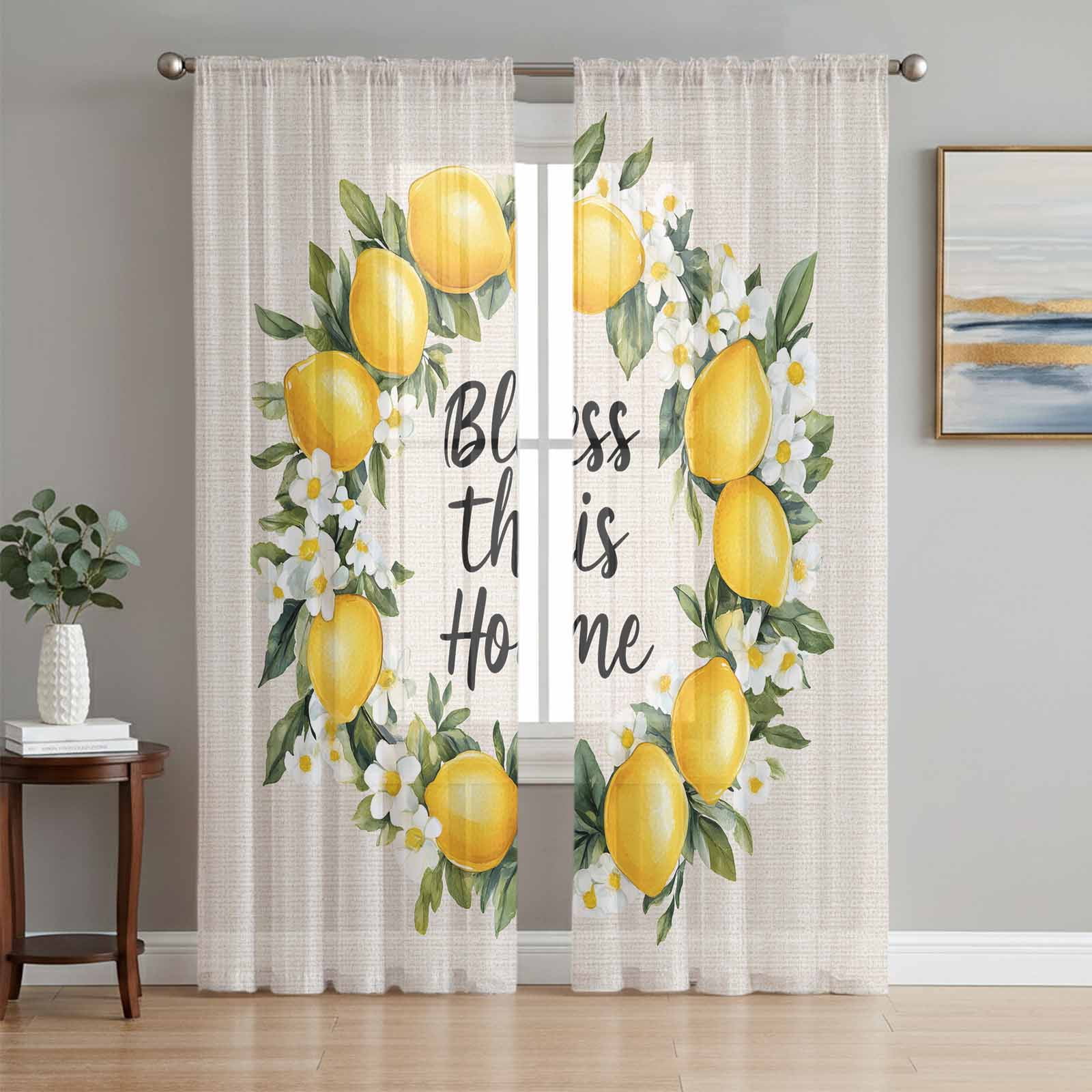 Summer Lemon Sheer Curtains 84 Inch Length 2 Panels Set, Farmhouse ...