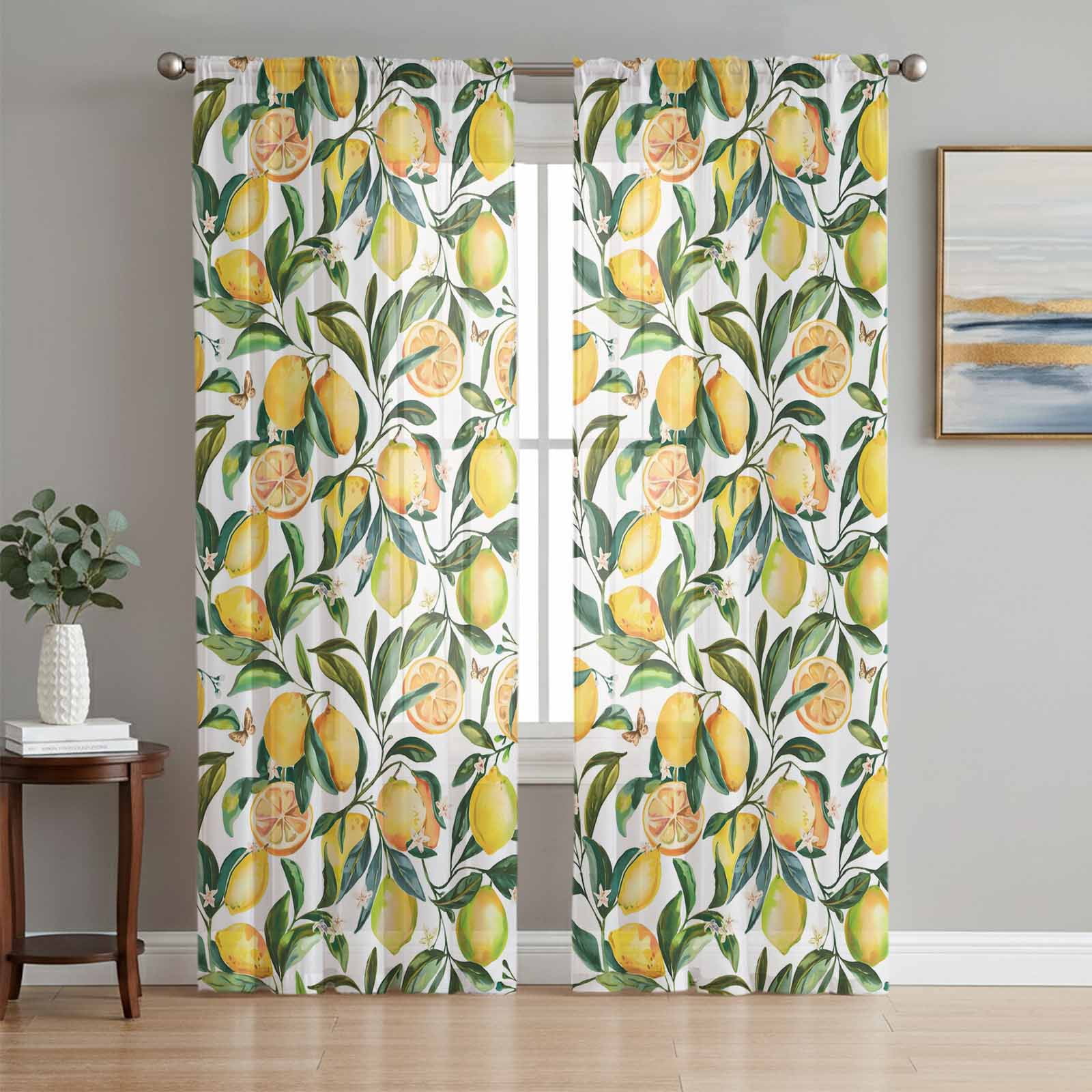 Summer Lemon Sheer Curtains 84 Inch Length 2 Panels Set, Farmhouse ...