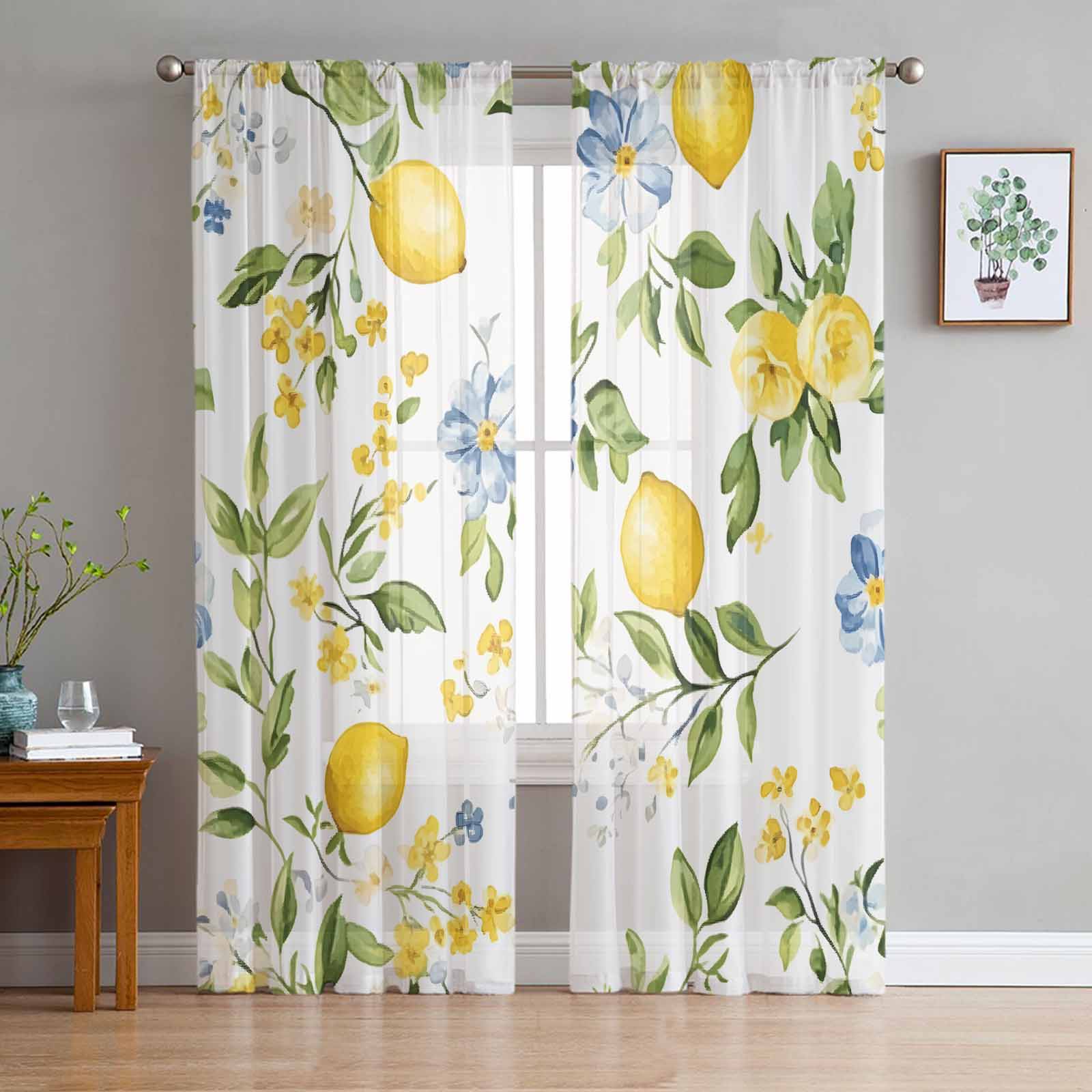 Summer Lemon Sheer Curtains 84 Inch Length 2 Panels Set for Living Room ...