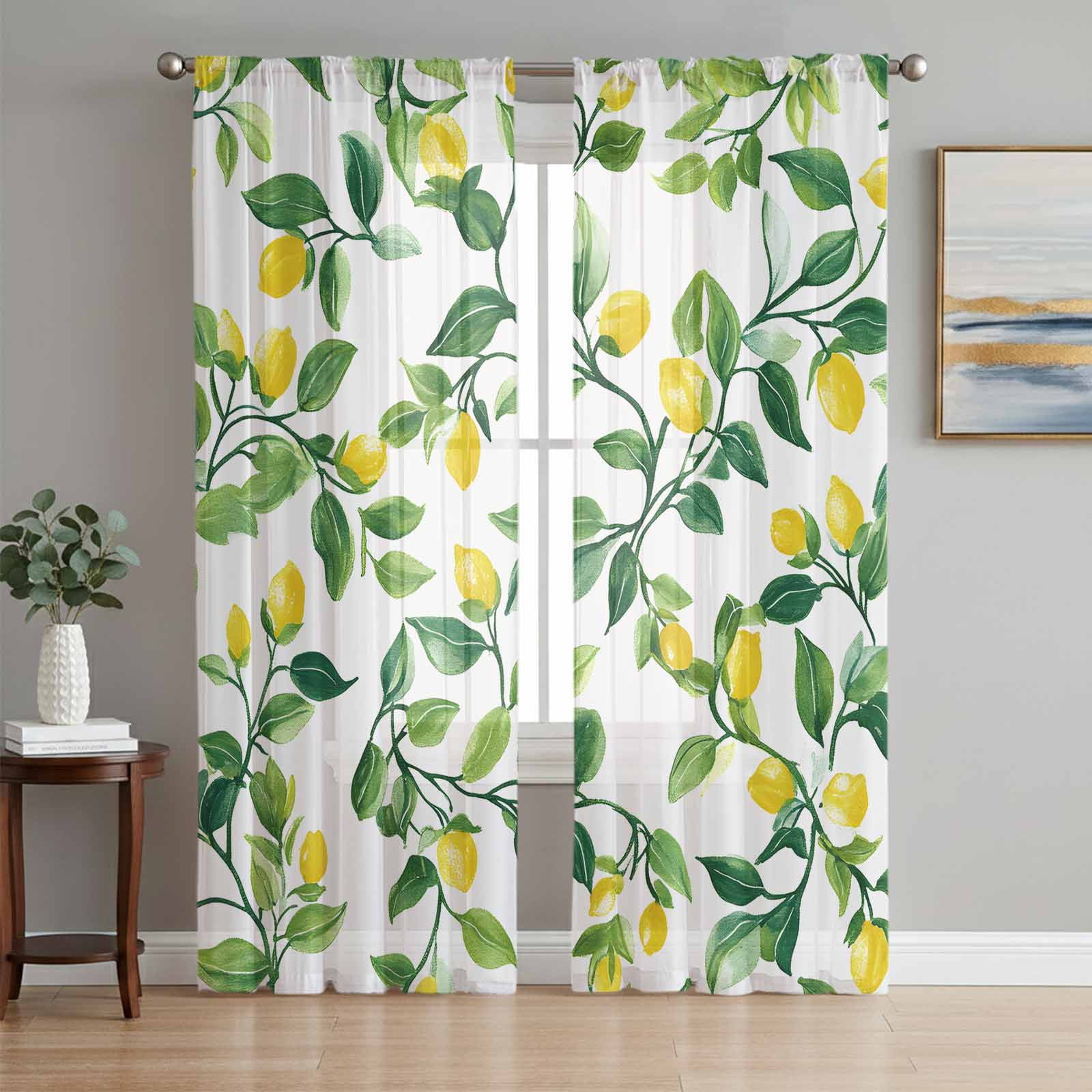 Summer Lemon Sheer Curtains 84 Inch Length 2 Panels Set, Modern Yellow ...