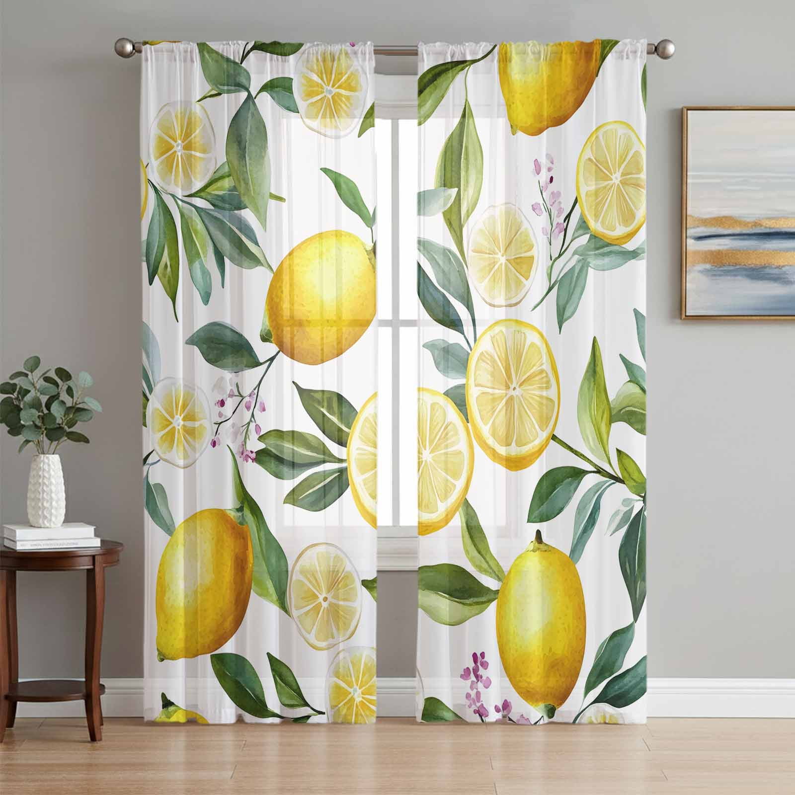 Summer Lemon Sheer Curtains 84 Inch Length 2 Panels Set, Purple Floral ...