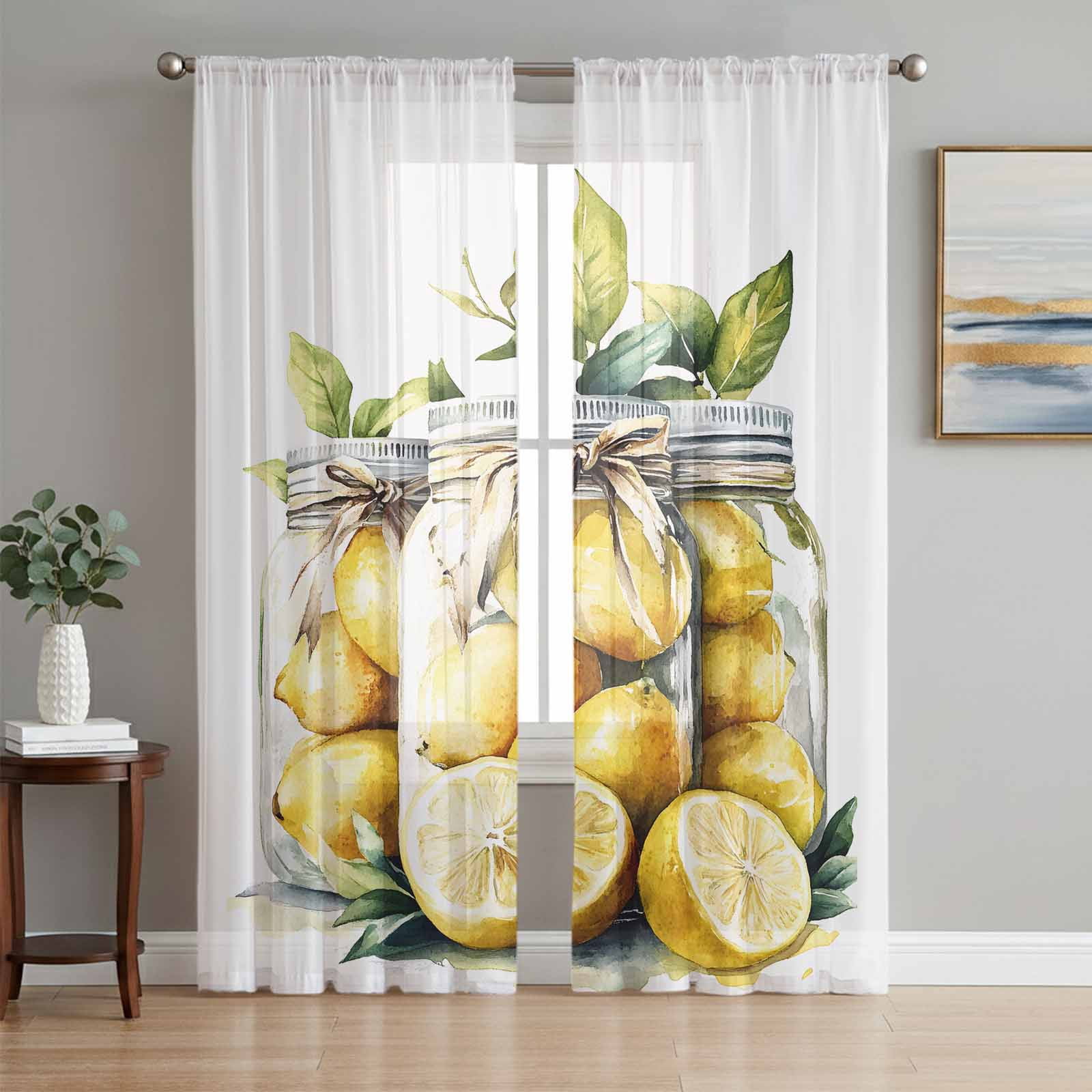 Summer Lemon Sheer Curtains 84 Inch Length 2 Panels Set, Watercolor ...