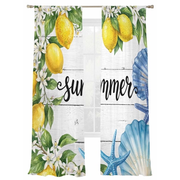 Summer Lemon Sheer Curtains 84 Inch Long 2 Panels, Oceans Blue Shells Starfish Flower White Wood Grain Light Filtering Rod Pocket Curtains, Sheer Voile Drapes for Living Room Bedroom, 52"x84"