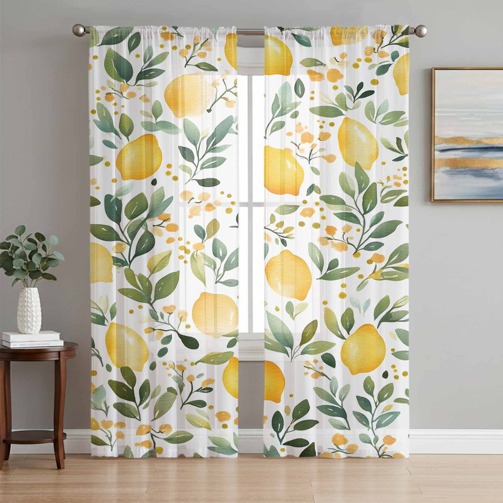 Summer Lemon Sheer Curtains 96 Inch Length 2 Panels Set, Watercolor ...