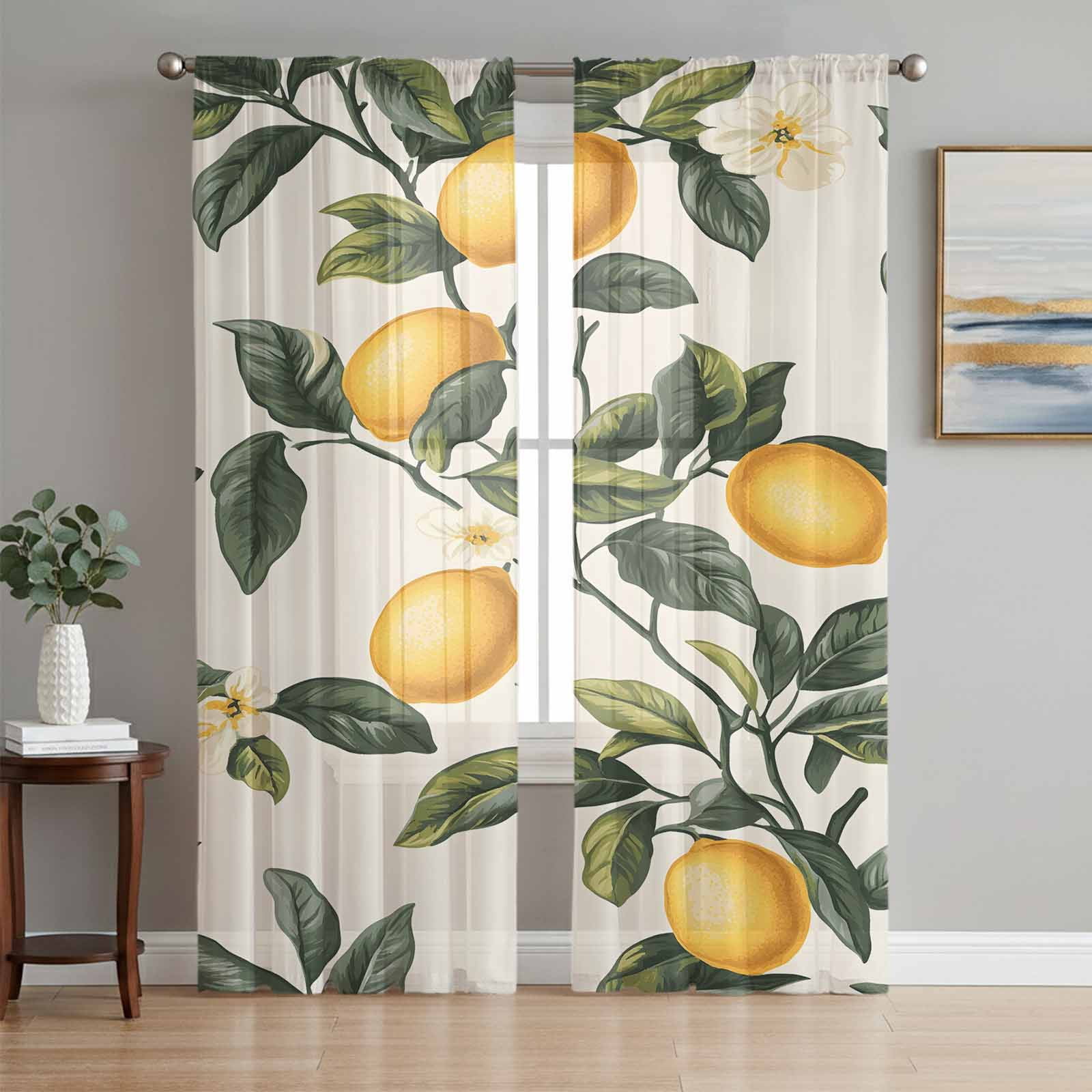 Summer Lemon Sheer Curtains 96 Inch Length 2 Panels Set, Watercolor ...