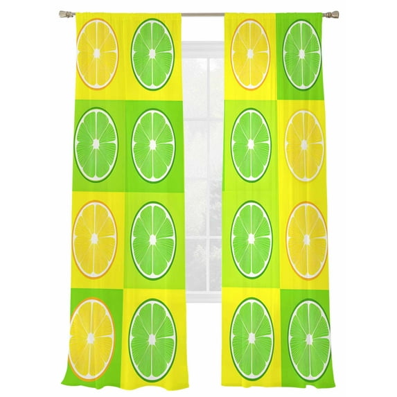 Summer Lemon Sheer Curtains 96 Inch Long 2 Panels, Green Yellow Lemon Cartoon Fruit Geometric Light Filtering Rod Pocket Semi Sheer Curtains, Sheer Voile Drapes for Living Room Bedroom, 52"x96"