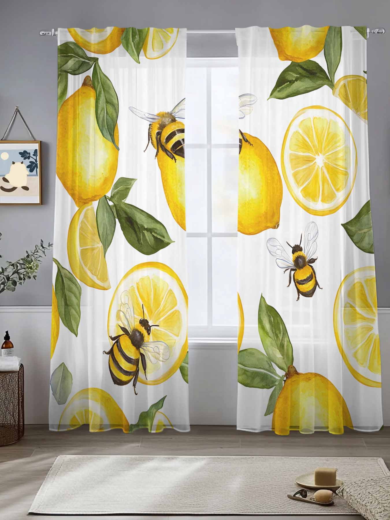 Summer Lemon Sheer Curtains for Living Room Bedroom Bee Green Botanical ...