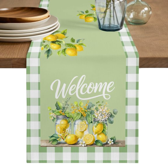 Summer Lemon Short Table Runner 36 Inches Long,Sage Green Plaid Fruits Floral Botanical Cotton Linen Table Runners Dresser Scarves,Fabric Tabletop Scarf Furniture Cover for Home Dinner Party 13"x36"