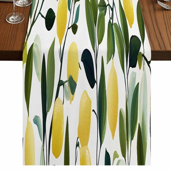 Summer Lemon Short Table Runner 36 Inches Long,Yellow Fruits Pastoral Green Botanical Cotton Linen Table Runners Dresser Scarves,Tabletop Scarf Furniture Cover for Home Dinner Party Decor 13"x36"