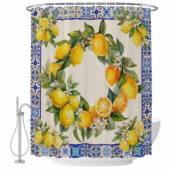 Summer Lemon Shower Curtain, 72"x72", National Style Lemon Floral Linen Texture Waterproof Bathroom Curtain Washable Shower Curtain Set with 12 Hooks