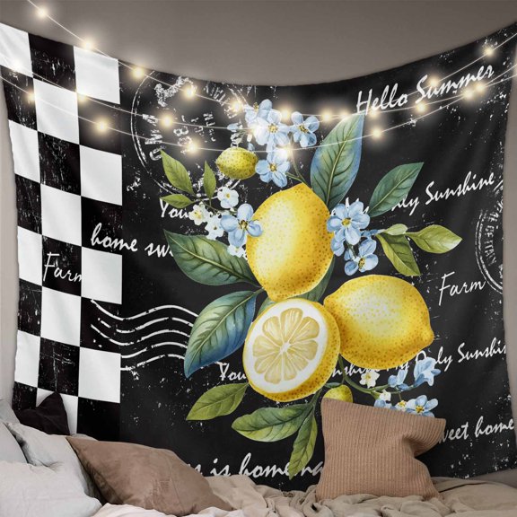 Summer Lemon Small Tapestry for Bedroom Wall Hanging Tapestry, Vintage Black Plaid Blue Spring Floral Ceiling Backdrop Tapestries Poster Blanket Wall Decor for Teens Room Living Room Dorm 23" x 28"