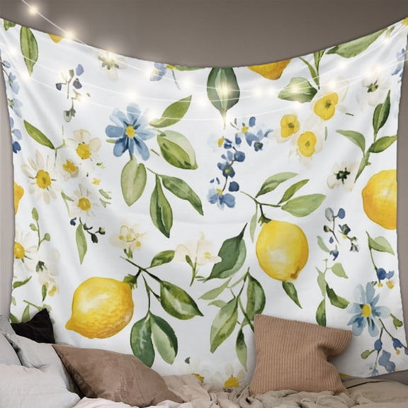 Summer Lemon Small Tapestry for Bedroom Wall Hanging Tapestry, Yellow Botanical Spring Floral Blue Ceiling Backdrop Tapestries Poster Blanket Wall Decor for Teens Room Living Room Dorm 23" x 28"
