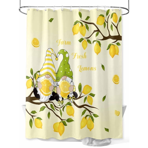 Summer Lemon Standard Shower Curtain Set, Waterproof Shower Curtains for Bathroom, Yellow Ombre Gnomes Farm Lemon Tree Washable Fabric Cloth Bath Curtain for Bathtub with Hooks 72x72 Inches