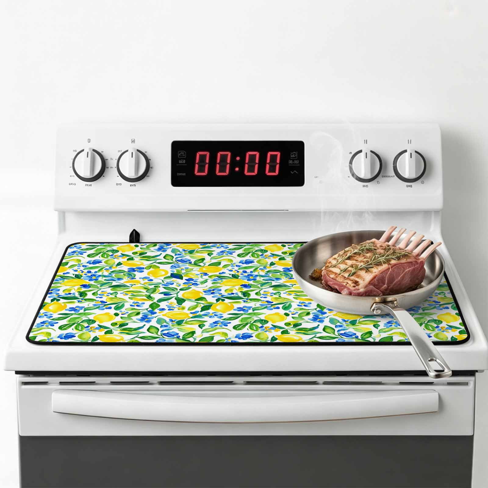 Summer Lemon Stove Top Cover for Electric Stove, Heat-proof & Non Slip Glass Top Stove Cover Protector, Green Botanical Blue Flowers Kitchen Flat Cooktop Rubber Mat 24x21 Inches
