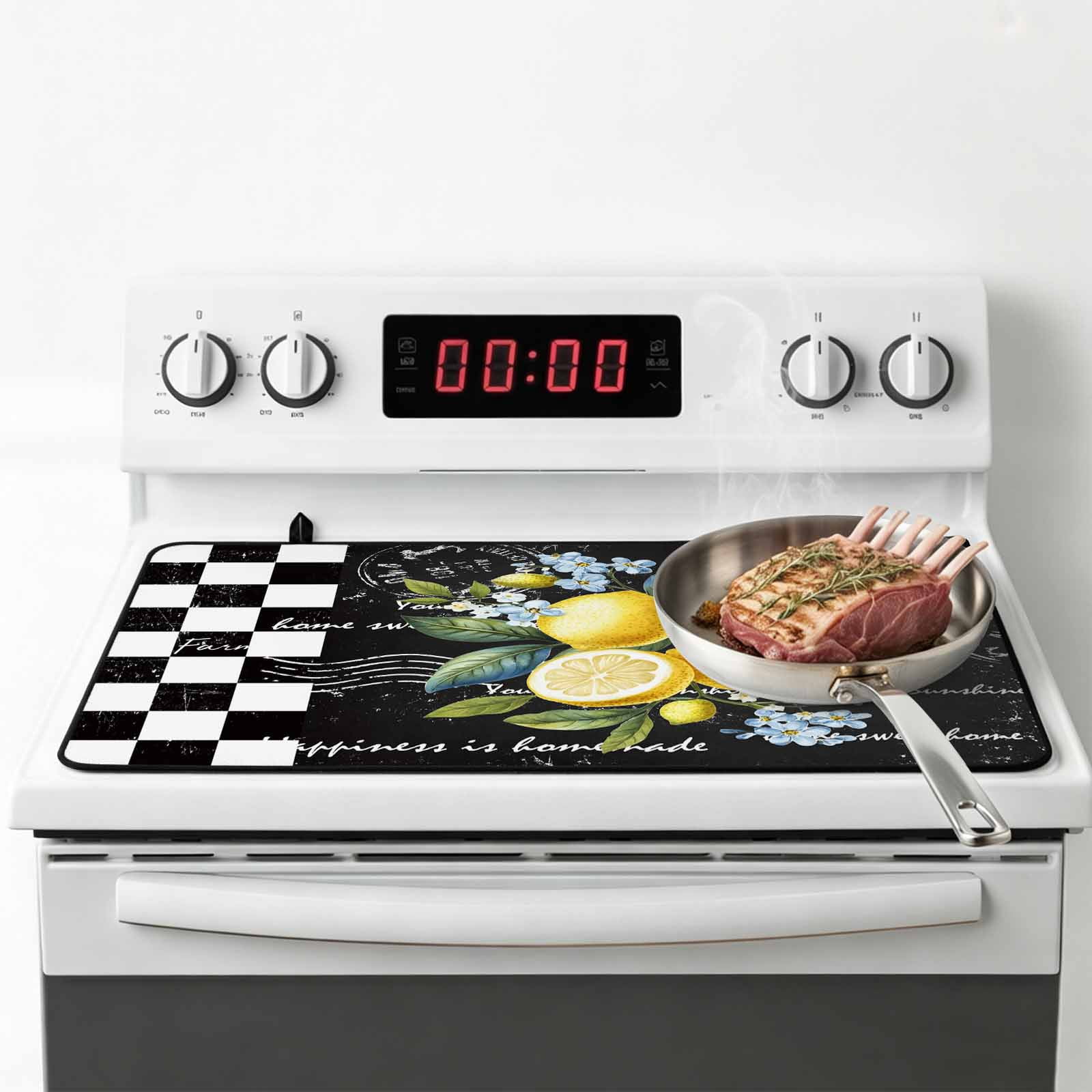 Summer Lemon Stove Top Cover for Electric Stove, Heat-proof & Non Slip Glass Top Stove Cover Protector, Vintage Black Plaid Blue Spring Floral Kitchen Flat Cooktop Rubber Mat 24x21 Inches