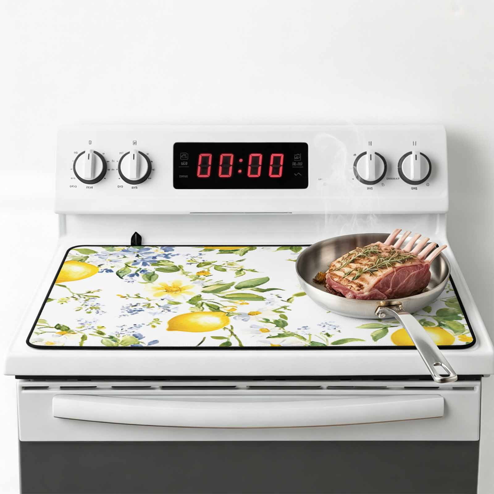 Summer Lemon Stove Top Cover for Electric Stove, Heat-proof & Non Slip Glass Top Stove Cover Protector, Watercolor Yellow Spring Floral Botanical Kitchen Flat Cooktop Rubber Mat 24x21 Inches