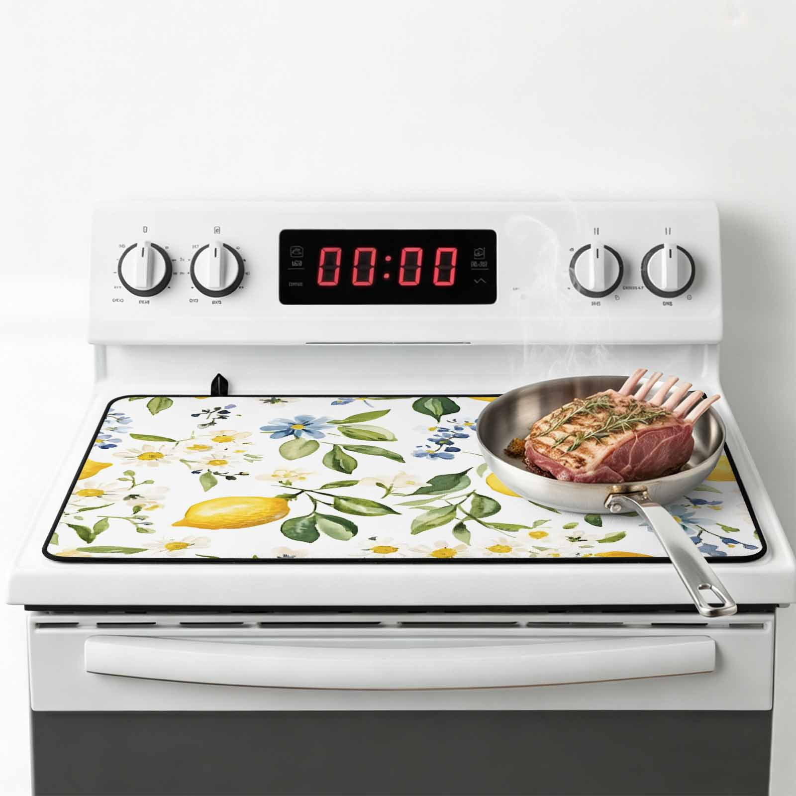 Summer Lemon Stove Top Cover for Electric Stove, Heat-proof & Non Slip Glass Top Stove Cover Protector, Yellow Botanical Spring Floral Blue Kitchen Flat Cooktop Rubber Mat 24x21 Inches