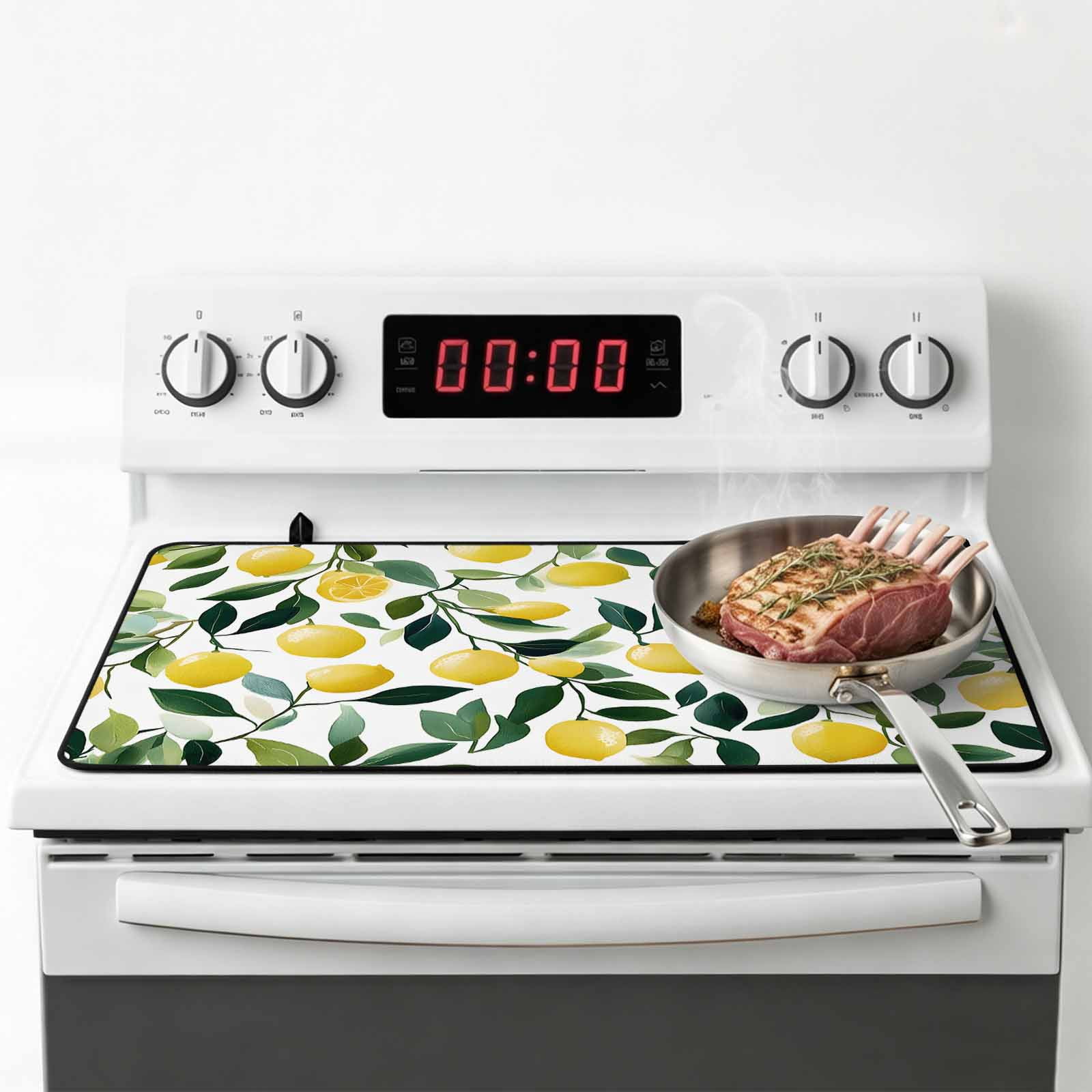 Summer Lemon Stove Top Cover for Electric Stove, Heat-proof & Non Slip Glass Top Stove Cover Protector, Yellow Fruits Green Botanical Pastoral Kitchen Flat Cooktop Rubber Mat 24x21 Inches