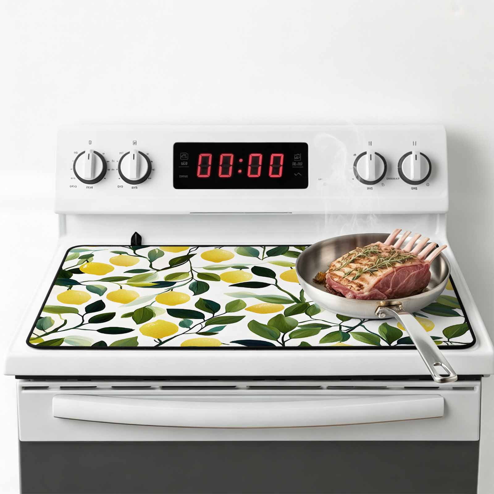 Summer Lemon Stove Top Cover for Electric Stove, Heat-proof & Non Slip Glass Top Stove Cover Protector, Yellow Fruits Pastoral Green Botanical Kitchen Flat Cooktop Rubber Mat 24x21 Inches